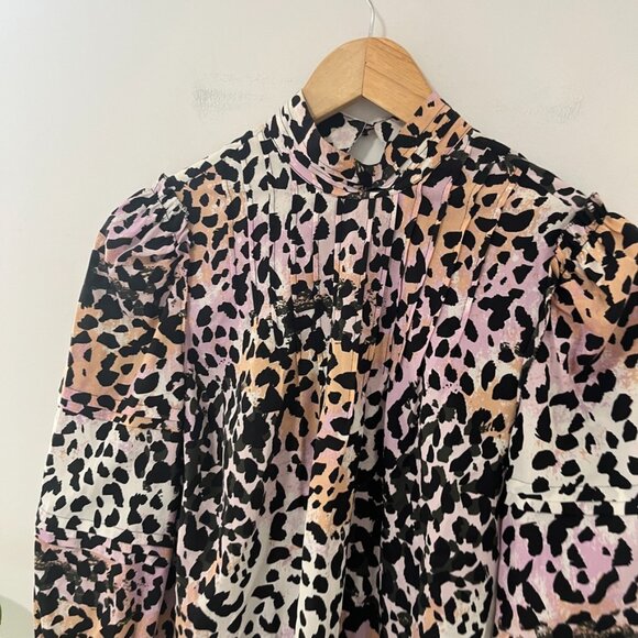 Veronica Beard Purple & Orange Animal Print Mockneck Blouse Size 00 - Picture 2 of 8